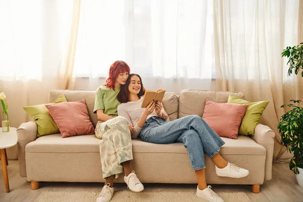 Positive Lgbt Couple Enjoying Quiet Moment Reading Together Wrapped Love — Stock Photo, Image