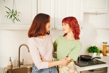Sevgi dolu, genç bir lezbiyen çiftle samimi bir mutfak sahnesi.
