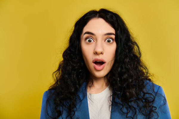A young woman with curly hair and stylish attire, wide-eyed and open-mouthed, expressing genuine surprise in a studio with a yellow backdrop.