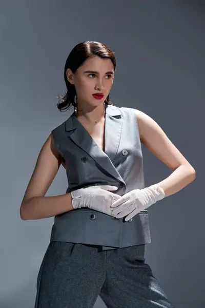 Stylish Young Woman Poses Elegant Gray Suit White Gloves Vest — Stock Photo, Image