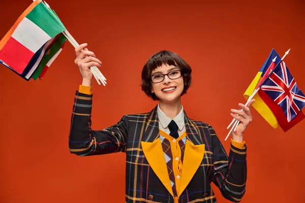 Happy Student Girl Her Uniform Glasses Holding Multiple Flags Standing — Stock Photo, Image