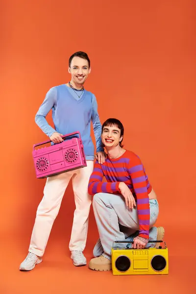 Two Joyful Good Looking Gay Men Vibrant Makeup Posing Tape — Stock Photo, Image