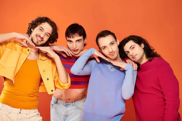 Cheerful Voguish Gay Men Makeup Vibrant Attires Posing Actively Together — Stock Photo, Image