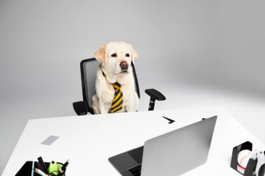 İyi giyimli bir köpek ofis sandalyesinde oturur, profesyonellik ve entelektüellik yayar..