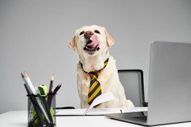Kravatlı bir köpek dizüstü bilgisayarın önünde oturur, dijital dünyayı şık ve sofistike bir şekilde ele almaya hazırdır..