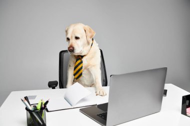 Kravat takan sofistike bir köpek stüdyo ortamında bir masaya dikkatlice oturur, kürklü arkadaş kavramını somutlaştırır..