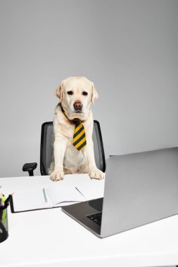 Kravat takan sofistike bir köpek masada oturur, derin düşüncelere dalmış gibi görünür ya da elindeki işe odaklanır..