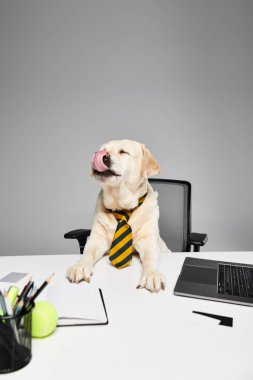 Sofistike bir köpek kravat takıyor. Masada dikkatlice oturuyor. Ofise cazibe ve profesyonellik getiriyor..