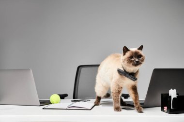 Stüdyoda bir masada dizüstü bilgisayarı denetleyen bir kedi..