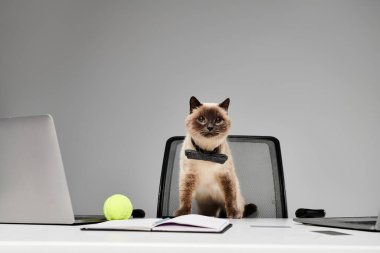 Bir stüdyo ortamında dizüstü bilgisayarın yanına tünemiş bir kedi, evcil hayvan ve tüylü arkadaş kavramını somutlaştırıyor..