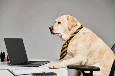İyi giyimli, kravatlı bir köpek dizüstü bilgisayarın önünde oturuyor ve iş toplantısına hazırlanıyor..