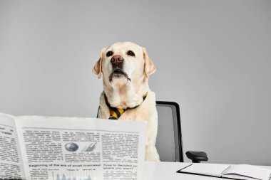 Bir köpek dikkatle masaya oturur, gazete okur..
