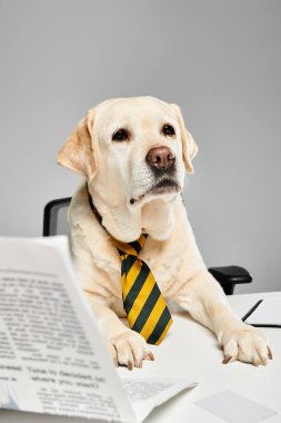 Kravat takan bir köpek masa başında oturuyor, profesyonel görünüyor ve stüdyo ortamında çalışmaya hazır..