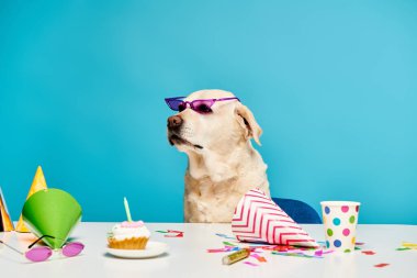 Güneş gözlüğü takan şık bir köpek, etrafında keklerle dolu bir masada oturur..
