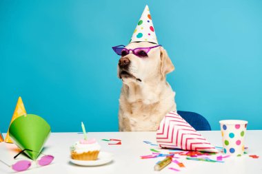 Bir köpek parti şapkası ve güneş gözlüğü takıyor. Stüdyo ortamında eğlenceli ve neşeli bir hava yayıyor..