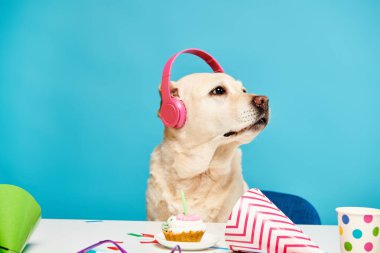Kulaklık takan bir köpek masada oturuyor, odaklanmış görünüyor ve güvertede müzik çalmaya hazır..