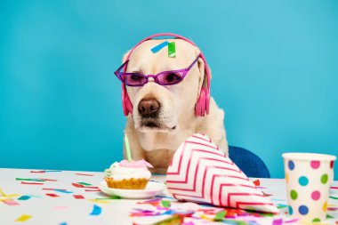Gözlüklü ve doğum günü şapkalı oyuncu bir köpek, stüdyo ortamında eğlenceli bir kutlamaya hazır..