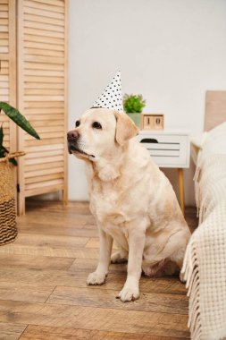 Bir köpek, neşeli bir parti şapkası takarken yerde rahatlar, neşeli ve kutlama havası yayar..