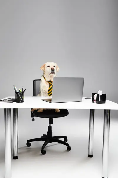 Dapper Dog Tie Sits Desk Laptop Exuding Professionalism Sophistication — Stock Photo, Image