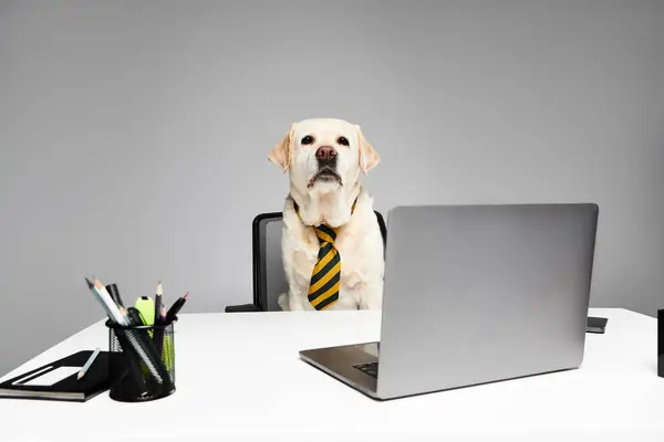 Dog Wearing Tie Sits Front Laptop Studio Setting Embodying Professionalism — Stock Photo, Image