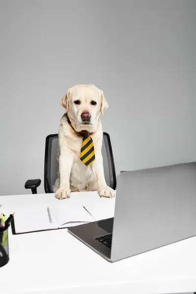 Sophisticated Dog Wearing Tie Sits Desk Appearing Deep Thought Focus — Stock Photo, Image