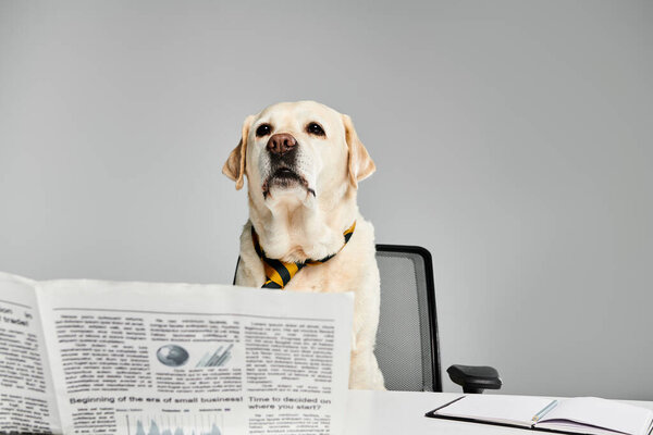 A dog attentively sits at a desk, reading a newspaper.