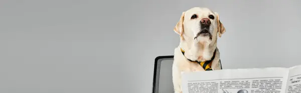 一只狗坐在报纸旁边的电脑桌上 带着好奇和友情观察世界 — 图库照片