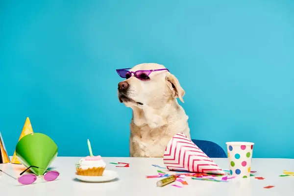 Fashionable Dog Wearing Sunglasses Sits Table Surrounded Cupcakes — Stockfoto