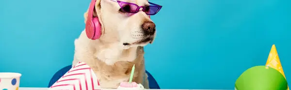 stock image A stylish dog donning sunglasses and a party hat, ready to have a good time in a playful studio setting.