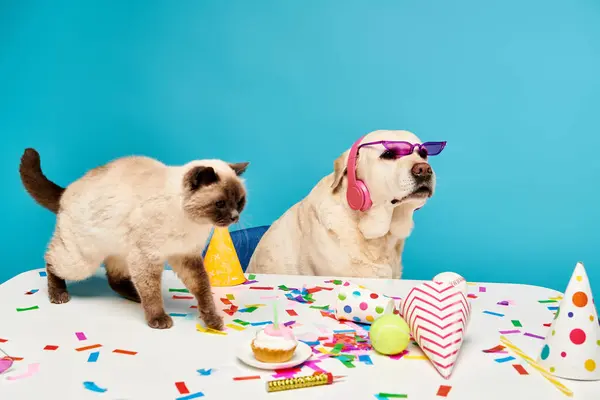 Eine Katze Und Ein Hund Stehen Einem Tisch Studio — Stockfoto
