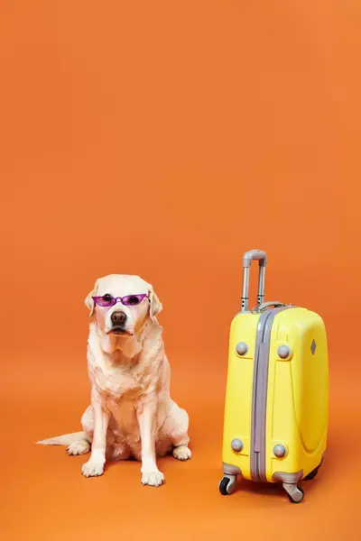 Een Hond Met Een Zonnebril Zit Naast Een Gele Koffer — Stockfoto
