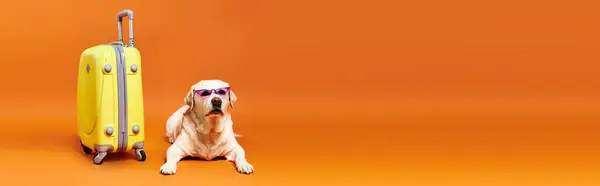 Lojalny Pies Siedzi Spokojnie Obok Żywej Żółtej Walizki Gotowy Nową — Zdjęcie stockowe