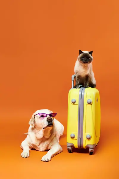 stock image A cat sits atop a yellow suitcase next to a dog in a studio setting, embodying the domestic animal and furry friend concept.