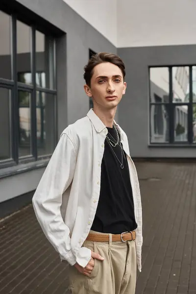 Young Queer Person Exudes Confidence His White Shirt Tan Pants — Foto de Stock