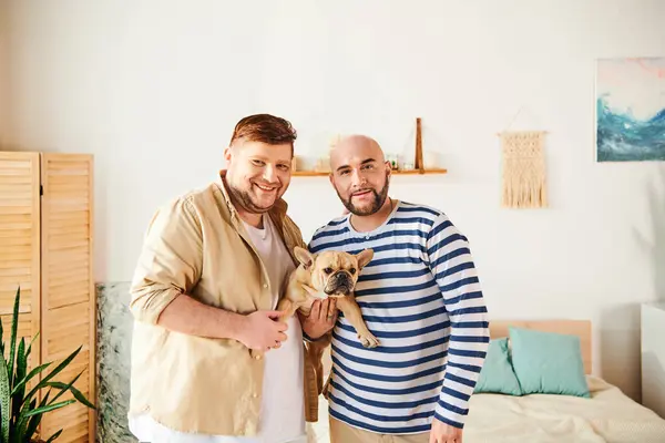 Gay Couple Standing Together Holding French Bulldog — Stock Photo, Image