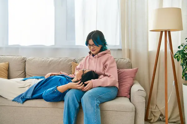 Asian Woman Casual Wear Sits Atop Couch Enjoying Peaceful Moment — Stock Photo, Image