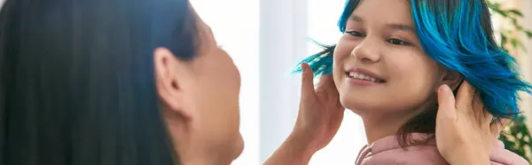 Asian Girl Blue Hair Bonding Her Mother Home Stock Photo