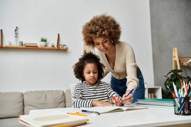 An African-American mother lovingly helps her daughter with homework, creating a bond and fostering learning. clipart