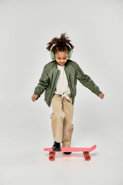 Kıvırcık saçlı bir kız pembe bir kaykayla beyaz bir arka plana biniyor..