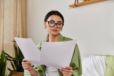 Woman in glasses reading paper. clipart