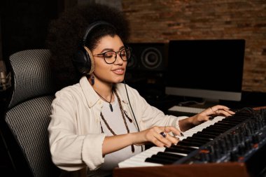 Afro saçlı yetenekli bir kadın kayıt stüdyosundaki müzik grubu provasında klavye çalıyor..