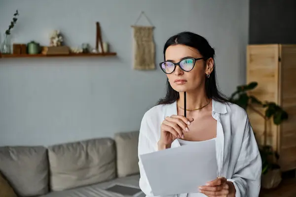 Stock image Woman with glasses working from home holds paper