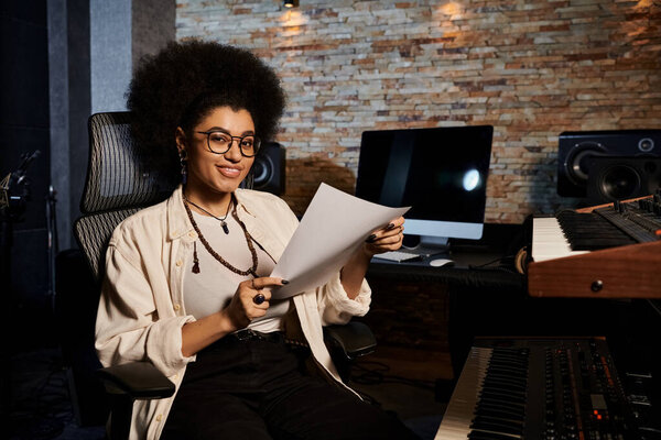A woman in glasses sits in front of a music studio during a band rehearsal, surrounded by musical instruments.