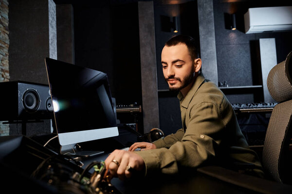 A man seated in a recording studio, engrossed in his computer, composing music.