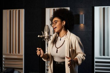 Müzik provası sırasında profesyonel bir kayıt stüdyosundaki mikrofonla şarkı söylemeye can atan yetenekli bir kadın..