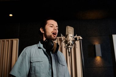 Müzik grubunun provası sırasında kayıt stüdyosundaki bir adam tutkuyla şarkı söylüyor..