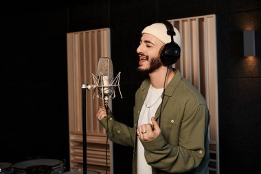 Müzik grubunun provası sırasında kayıt stüdyosundaki bir adam tutkuyla şarkı söylüyor..