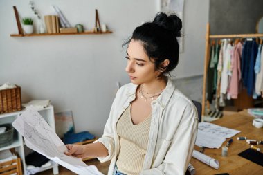 Günlük kıyafetli bir kadın, masa başında oturuyor, yükseltme projesi için kağıt tutuyor..