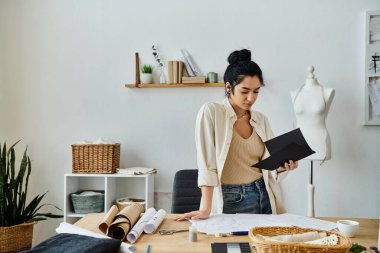 Bir kadın masadaki kumaşı inceliyor, sürdürülebilir moda olanaklarını keşfediyor..
