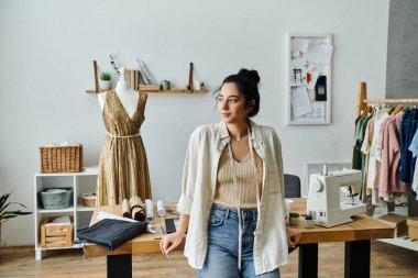 A young woman stands before a sewing machine, upcycling clothes in an eco-friendly manner. clipart